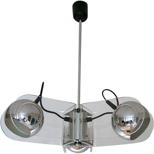 Vintage hanglamp met drie chromen lampenkappen, jaren 1970