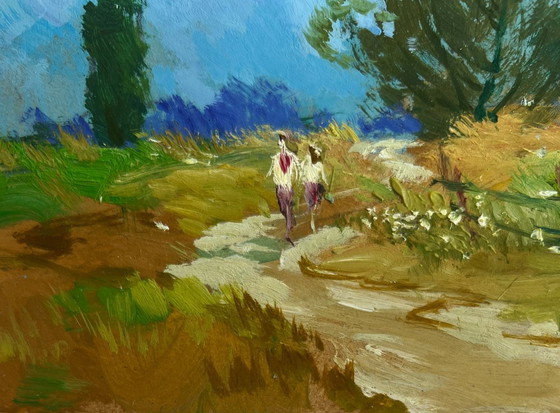 Image 1 of Original Oil Painting Summer Field Landscape Steps among the greenery