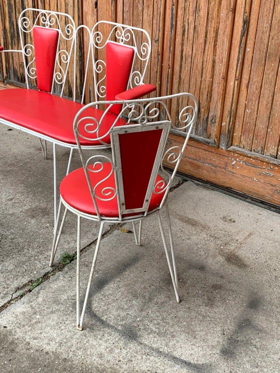 White Metal & Red Leatherette Garden Set, 1968, Set of 4, Mid Century Modern (photo 9 of 9)