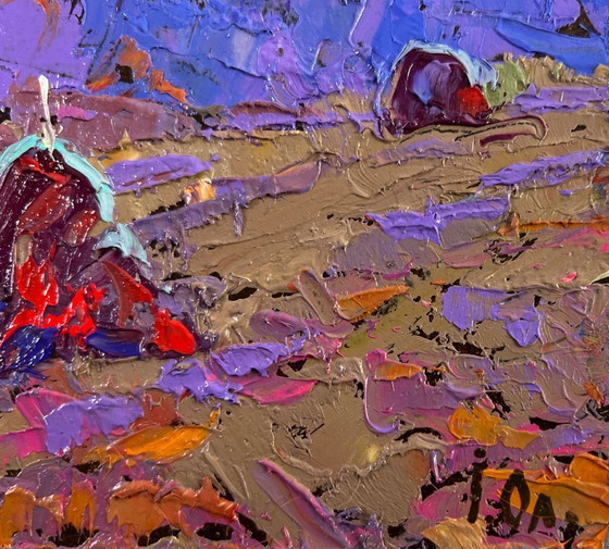 Image 1 of Original Oil Painting Sunset Field Landscape The path into the evening coolness