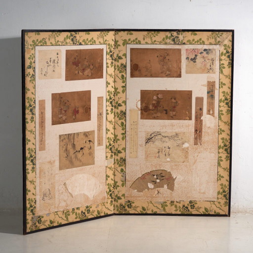 Antique Japanese two-panel screen with painting collage – Japan, circa 1900