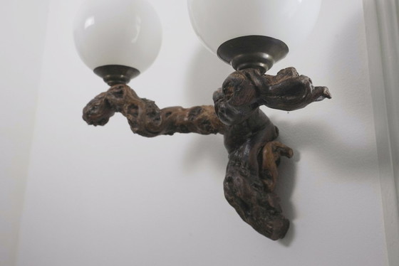 Image 1 of  Vintage Driftwood Wall Lamp Double Opaline Globe Sconce Vine Root Light Fixture Organic Brutalist Lighting Handmade Wall Light 