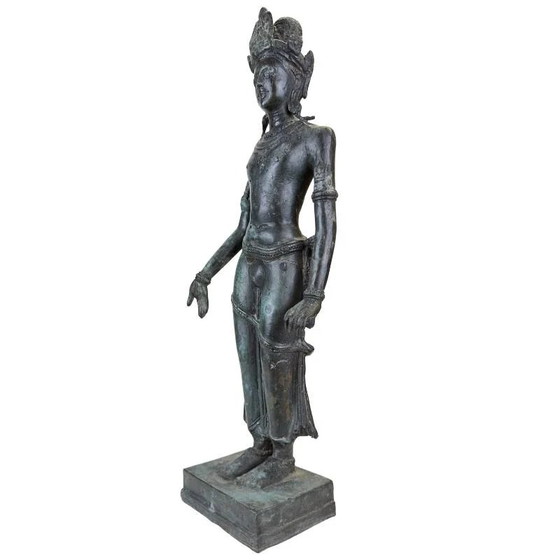 Estatua Devata de Bronce del Sudeste Asiático – Estilo Jemer – Restos de Antiguo Dorado de Templo (photo 8 of 10)