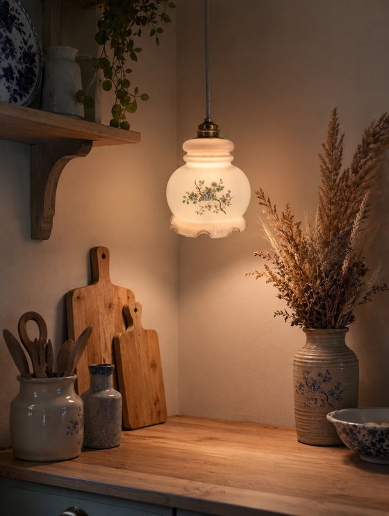 Image 1 of Lampada a sospensione in vetro opalino bianco e viola con motivo floreale