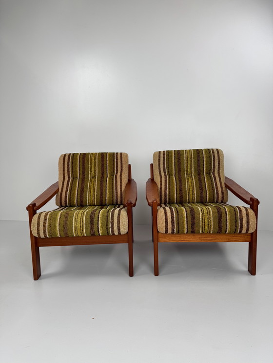 Image 1 of Pair of Danish easy chairs – teak frame with original striped upholstery