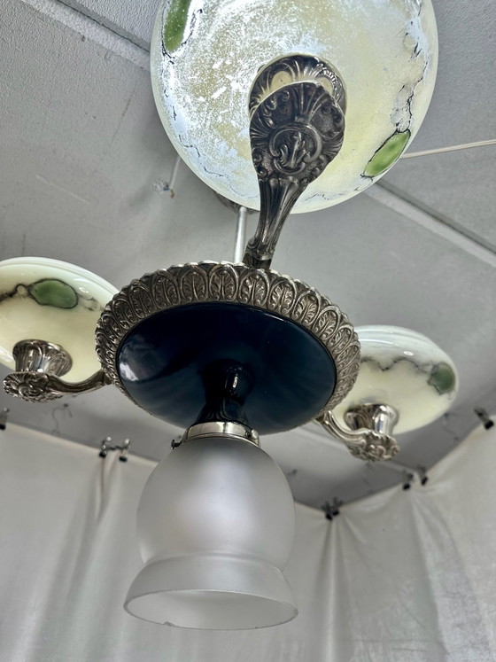 Antique Art Deco Style Pendant Lamp Chandelier with Marbled Opal Glass, Ceiling lights, Metal, Black (photo 9 of 14)