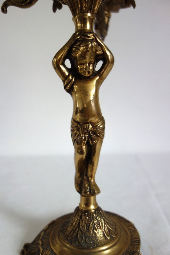Pair of Cherub Gilt Bronze Candlesticks, early 20th Century, Decorative Objects, Brass, Gold, Vintage (photo 7 of 13)