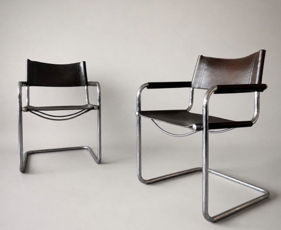 Image 1 of 6 vintage Mart Stam S34 armchairs for Linea Veam, Italy, dark chestnut brown leather