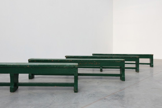 Image 1 of Panca rustica primitiva verde in rovere massiccio, Francia ca. 1900