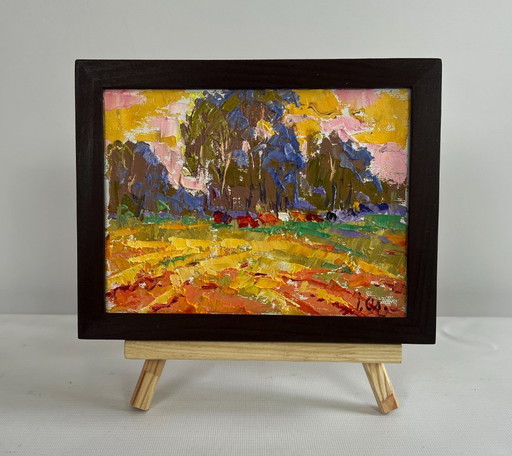 Original Oil Painting Evening Field Landscape Summer meadows and forest