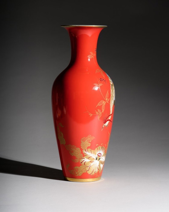 Image 1 of Rosenthal Porcelain Floor Vase Chinoiserie Phoenix Decor Red & Gold Germany 1938