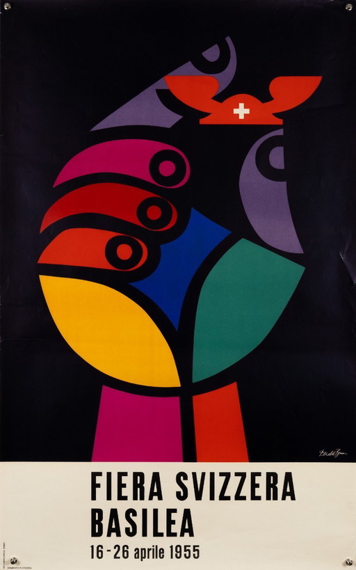 Fiera Svizzera Basilea – 1955 Original Vintage Exhibition Poster by Donald Brun – Mid-Century Modern – 102x64 cm – Paper