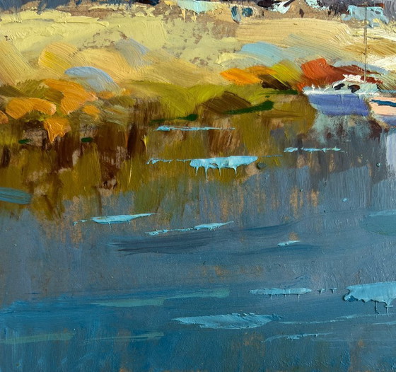 Image 1 of Original Oil Painting Summer Village Landscape Sailboats on the shore