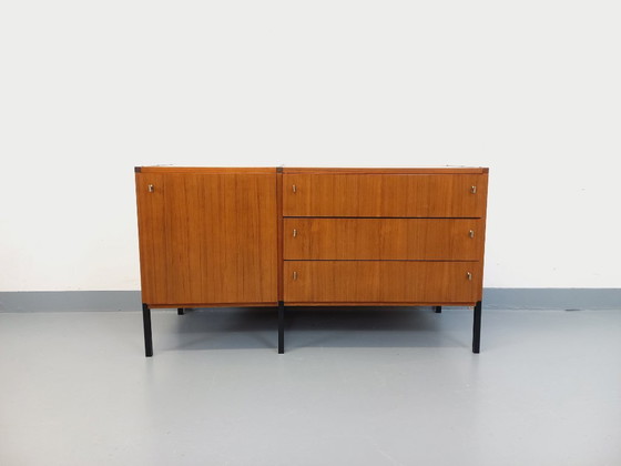 Image 1 of Vintage modernist sideboard by ARP Minvielle, designed by Guariche Mortier Motte, in teak and black metal, from the 1960s