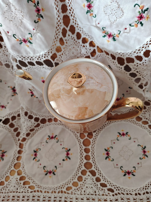 Włocławek vintage Porzellan Kaffeekanne, marmoriert, vergoldet - Golddekor