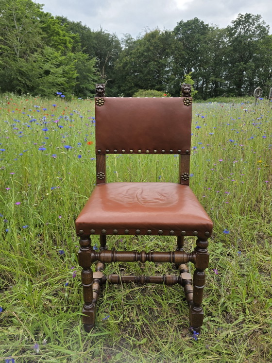 Image 1 of Set of 4 vintage oak chairs with leather