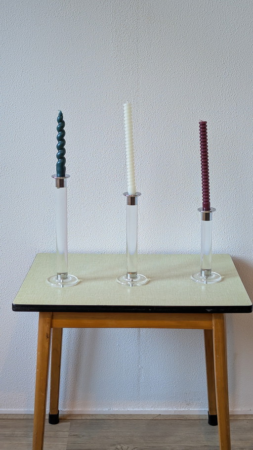 Vintage plexiglas chromen kandelaars Svenskt Tenn stijl trio