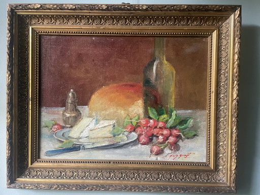 French stillife with brie, radishes and wine