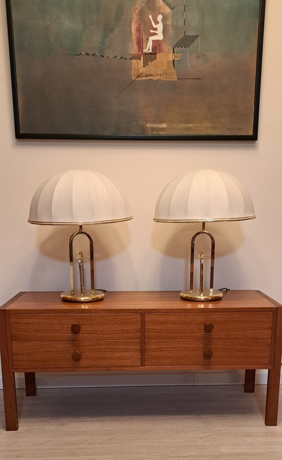 Image 1 of Pair of Hollywood Regency Brass Table Lamps with Pleated Dome Shades – Vintage 1970s – 50 cm