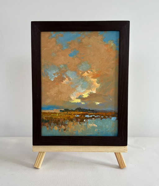 Original Oil Painting Sunset Field Landscape Sunset over the lake