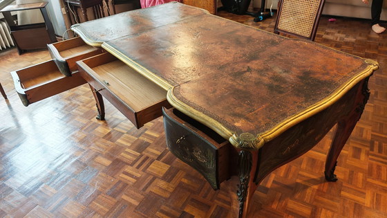 Image 1 of Groot Louis XV-bureau in chinoiserie en palissanderhout - zeldzaam stuk