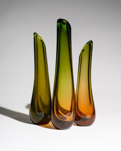 WMF Glass Vase Trio by Erich Jachmann – Sculptural Gradient Forms in Green & Amber, Germany, 1950s