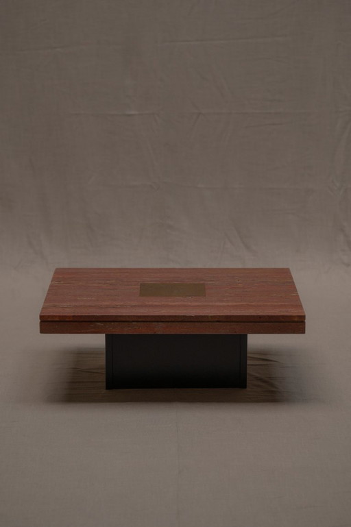 Mesa de centro de travertino rojo estilo Hollywood Regency (años 70)