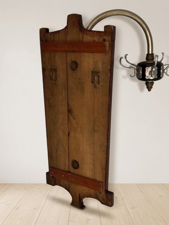 Vintage coat rack mid century wooden rack with metal hooks, 55 × 40 × 92 cm (photo 9 of 9)