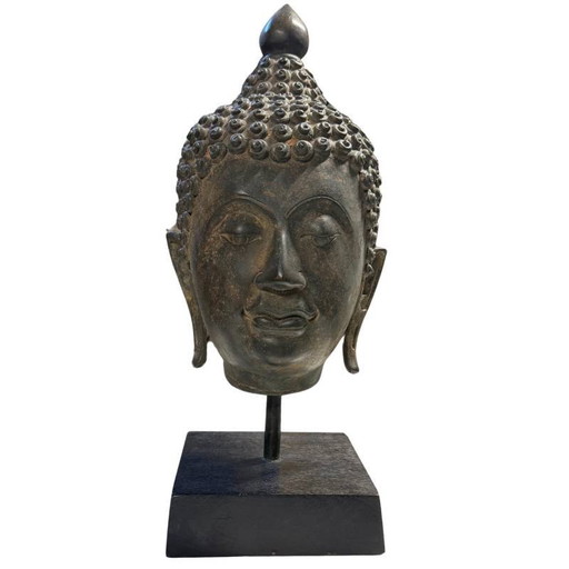 Zware Thaise Bronzen Boeddha Hoofd – 39 cm – 4.3 kg Brons met hoge dichtheid – Sukhothai Stijl