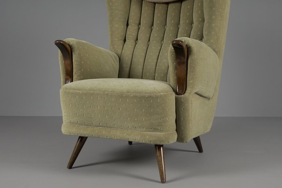 Image 1 of Large Green Italian Wood & Fabric Wingback Armchair, 1950s