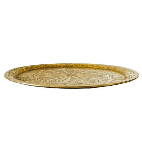 Vintage Ronde Messing Schaal Uit Het Midden-Oosten: Serveerschaal, Barschaal, Decoratieve Schaal 1970's (photo 3 of 7)