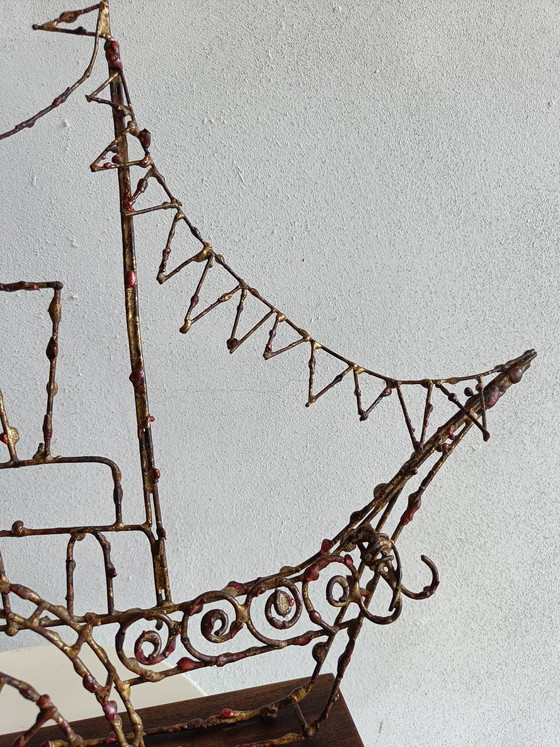 Image 1 of Signed Marcello Fantoni Brutalist Metal Steamboat Sculpture, Italy 1960s