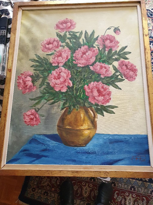 Stilleven met pioenrozen (Olieverf) – JM DEYMEN 1968 – schilderijen tekeningen, Canvas (photo 2 of 5)