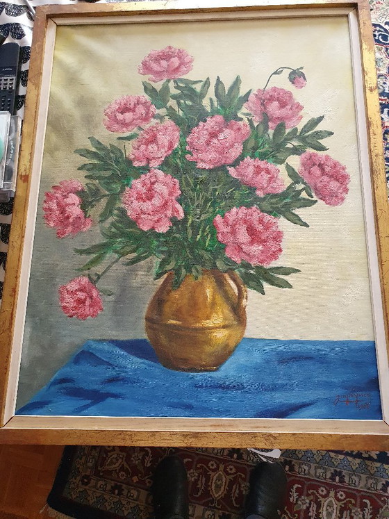 Stilleven met pioenrozen (Olieverf) – JM DEYMEN 1968 – Schilderijen & Tekeningen, Canvas (photo 2 of 5)