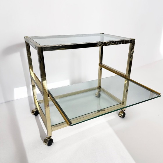 Image 1 of Vintage bijzettafel uit de jaren 80 met gouden chromen afwerking.