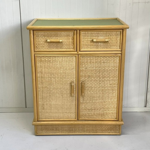Buffet vintage en rotin et bambou, commode à feuilles vertes