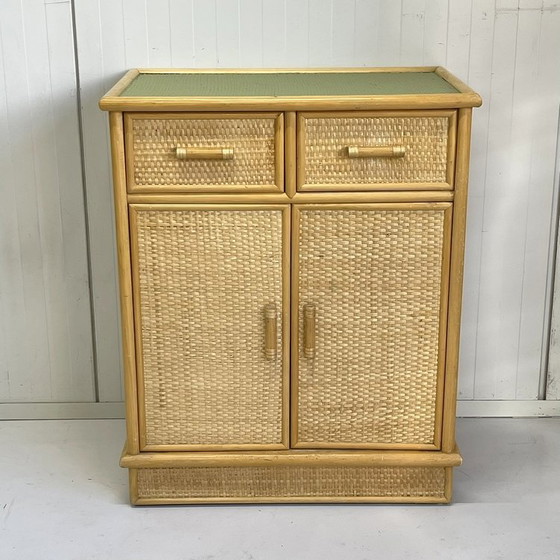 Image 1 of Vintage Rattan Bamboo Sideboard Green Leaf Drawer Cabinet