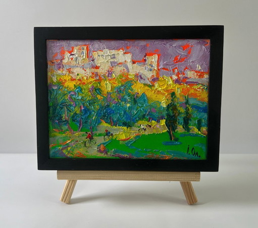 Original Oil Painting Summer Houses Landscape On A Walk In The City
