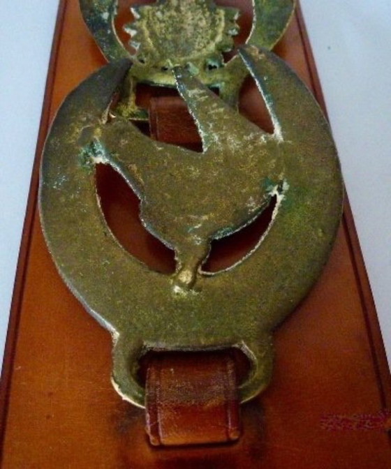 Image 1 of Vintage schellekoord met paard-gerelateerde koperen afbeeldingen. 