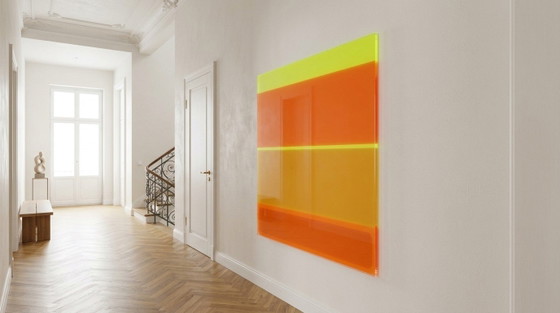 XXL Neon Abstract | Oranje Goud Geel | Fluorescerend Kunst Kleurveld Schilderij | 140 × 140 cm Acrylglas (photo 5 of 5)