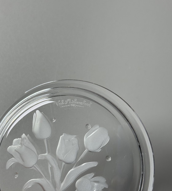 Image 1 of Coffret de 6 sous-verres en cristal Val Saint Lambert « Fleurs » – Motifs floraux – Style années 1950 – En boîte