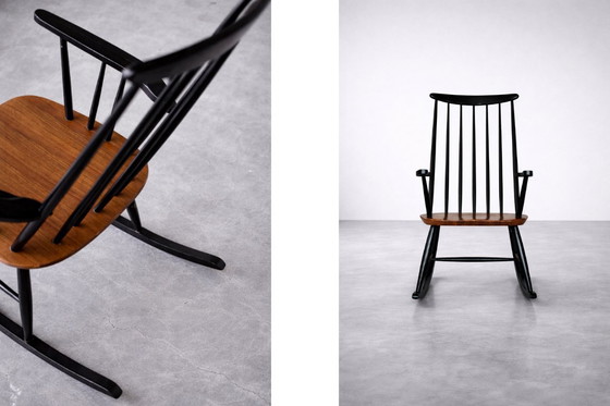 Image 1 of Fauteuil à bascule vintage en bois de style finlandais moderne du milieu du siècle, par Ilmari Tapiovaara pour Asko, années 1960