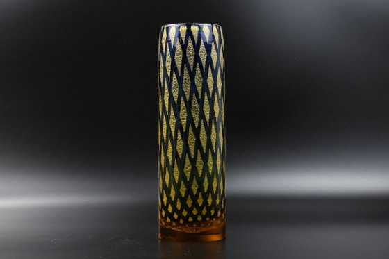 Josef Hospodka vase, Chřibská glassworks, design 1966 – blue/yellow net pattern, 27 cm – Chribska (photo 3 of 8)