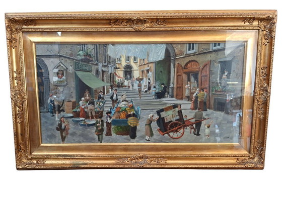Image 1 of Huile sur toile de Francesco Tammaro, Scène de marché napolitain, 80 x 130 cm