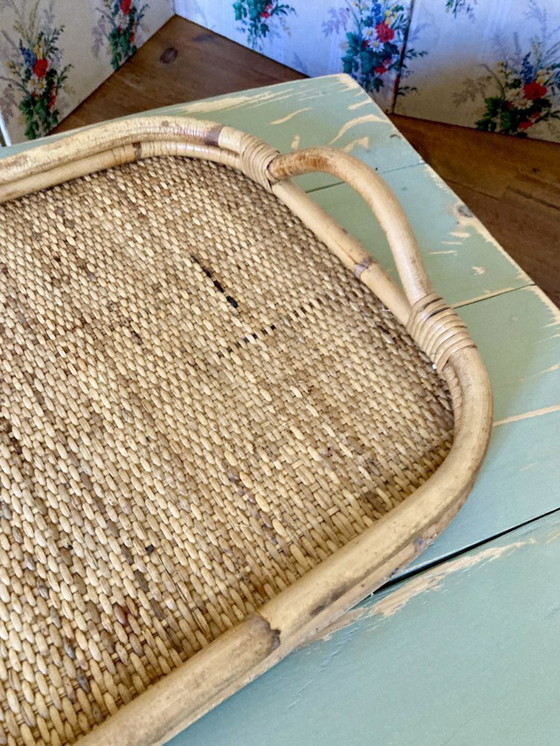 Image 1 of Vassoio da portata vintage in bambù e rattan