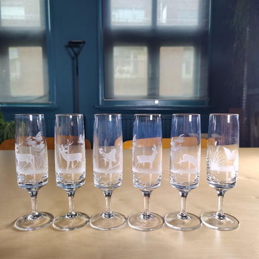 Elegante set di 6 bicchieri da champagne in cristallo, delicatamente incisi con una scena di caccia