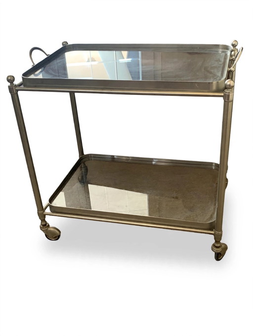 Carrito de bar vintage de metal plateado y cristal ahumado - Estilo Maison Jansen, década de 1970 - Neoclásico