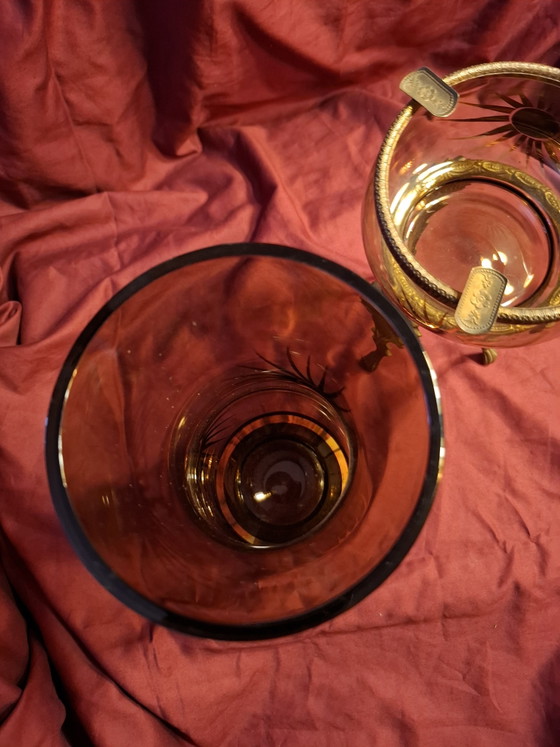 Image 1 of Vintage Mid-Century Amber Glass & Brass Set – 23cm Sunburst Trumpet Vase & 18cm Hollywood Regency Sunflower Ashtray Stand