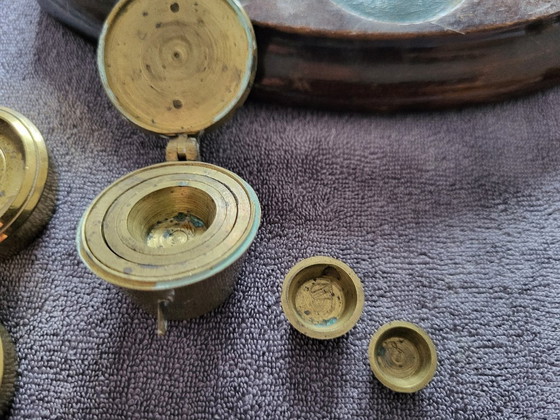 Image 1 of English letter scale with stack weights and a set of cup weights