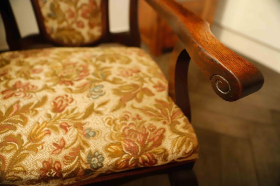 Image 1 of Antique Queen Anne Revival Carver Armchair with Floral Tapestry Upholstery 